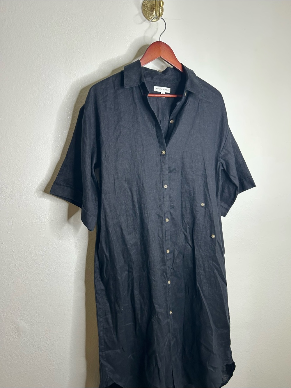Banana Republic 100% Linen Black Asymmetrical Button Down Shirt Dress - Picture 4 of 15